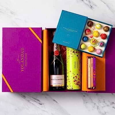 Chocolate Hamper with Truffles, Chocolate Bars, Bonbons and Rose Champagne