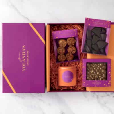 Happy Birthday Hamper with Chocolate Almond Dragées, Dubai Chocolate Bar, Florentines and Honeycomb bites